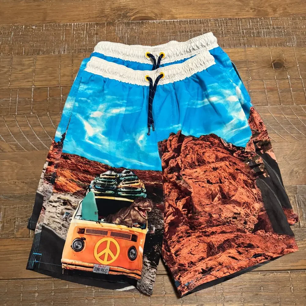 Lot of 2 Boys Swim Trunks Wonder Nation L 10-12 Dinosaur Surf Boards Twins